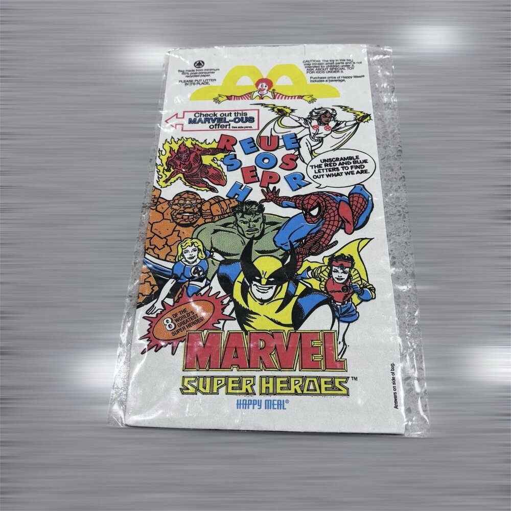 Vintage 90s Marvel Super Heroes Human Torch Thing  McDonalds Empty Kids Meal Bag